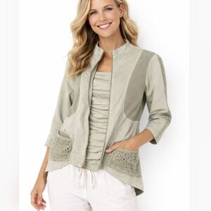 XCVI Lightweight Zip Up Crochet Pocket Detail Jacket Sage Green Size Large
